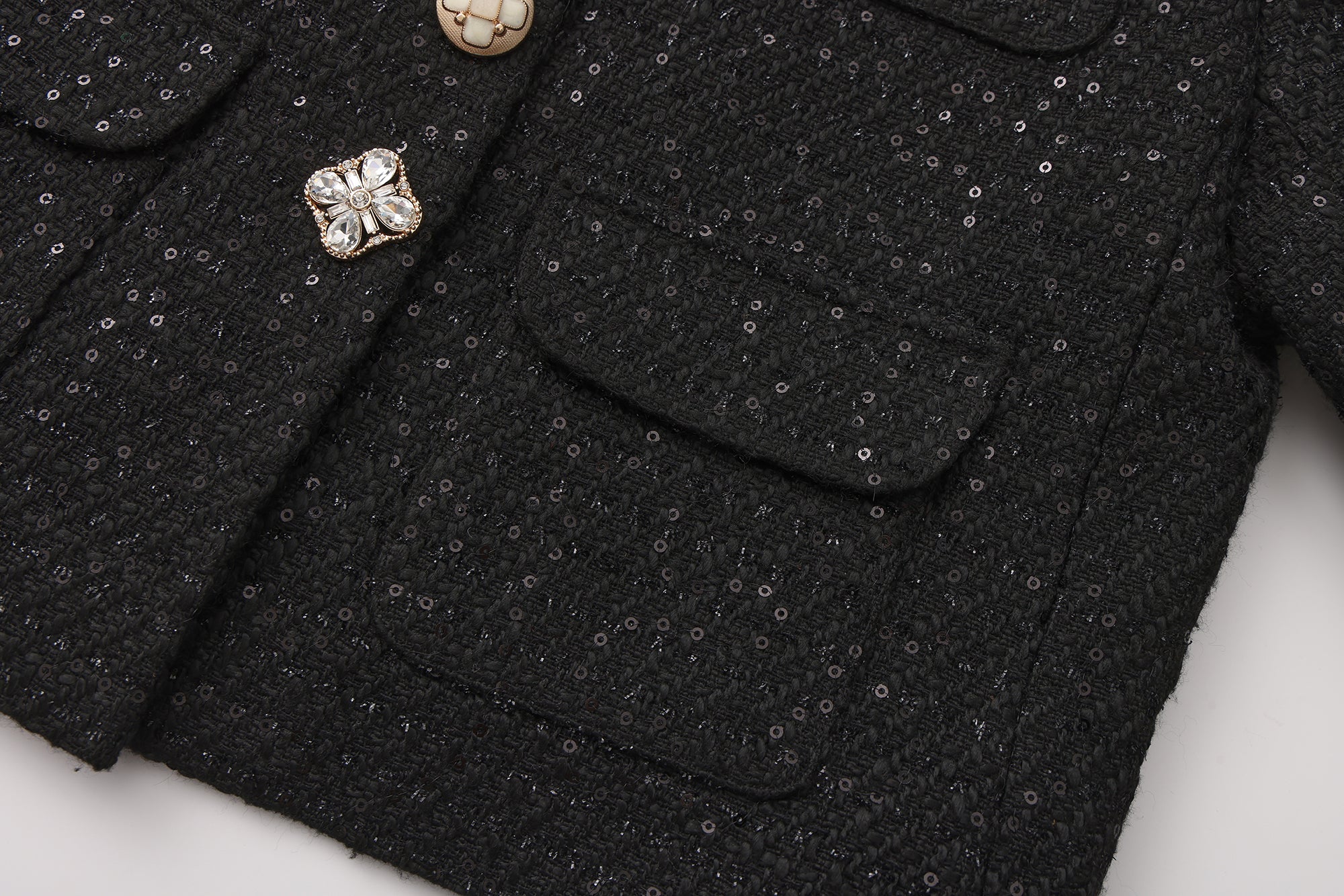 Black Round-Necked Small Fragrance Coat With Pockets