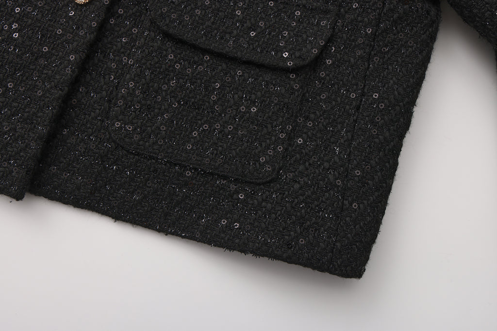 Black Round-Necked Small Fragrance Coat With Pockets