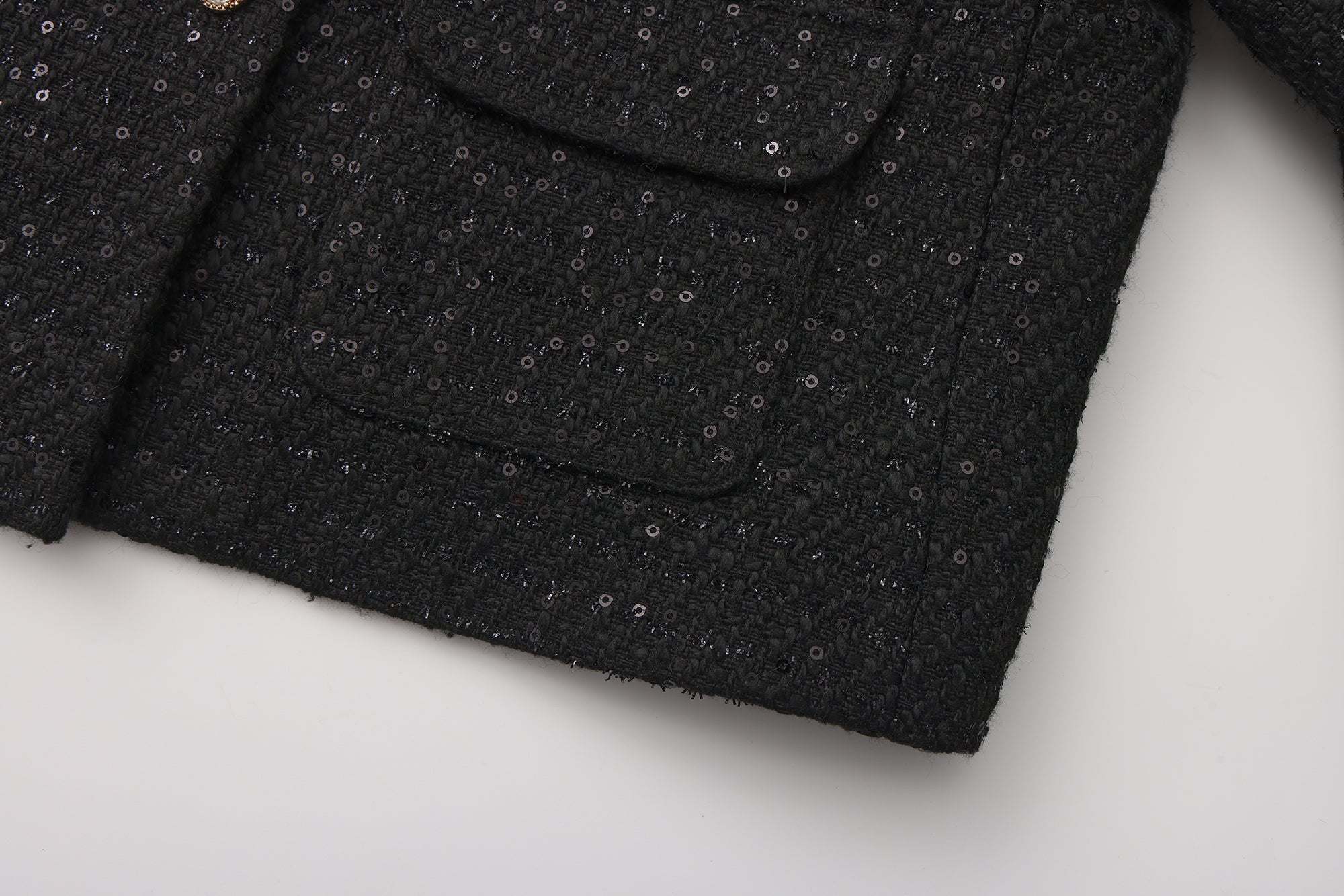 Black Round-Necked Small Fragrance Coat With Pockets