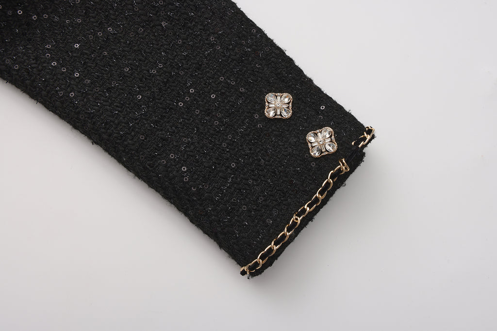 Black Round-Necked Small Fragrance Coat With Pockets