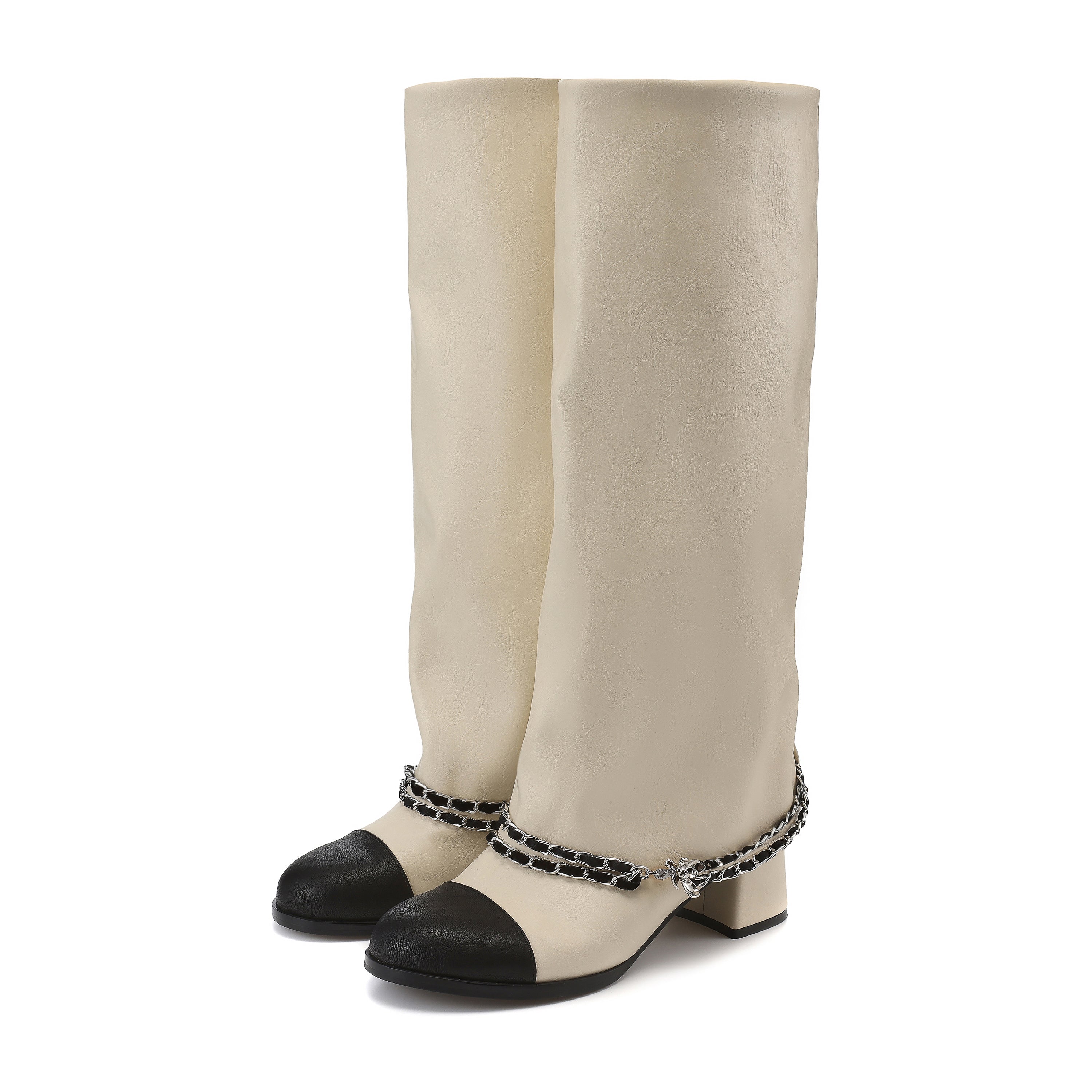 White Metal-Buckled Knee-High Boots