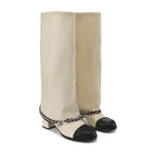 White Metal-Buckled Knee-High Boots