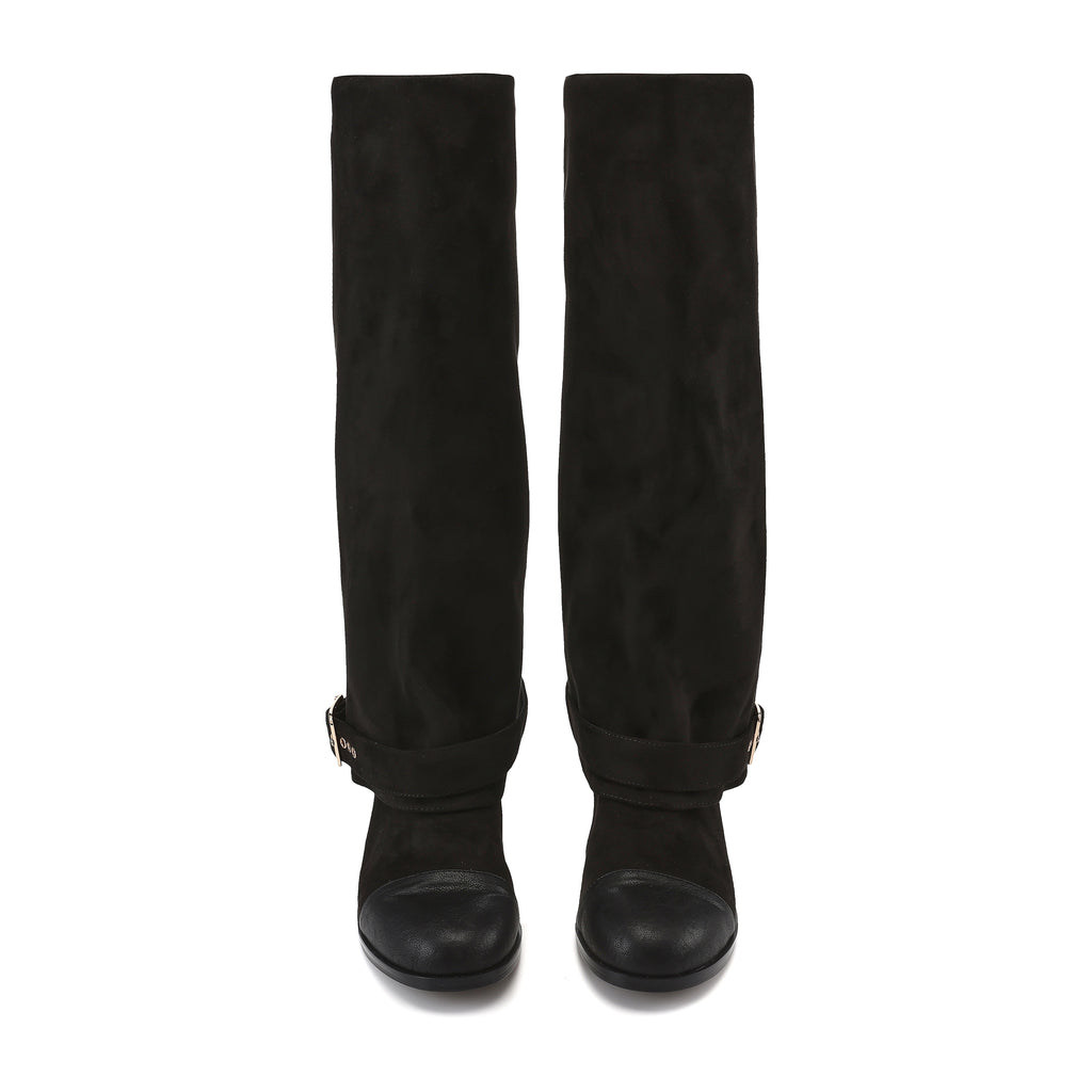 Black Metal-Buckled Knee-High Boots