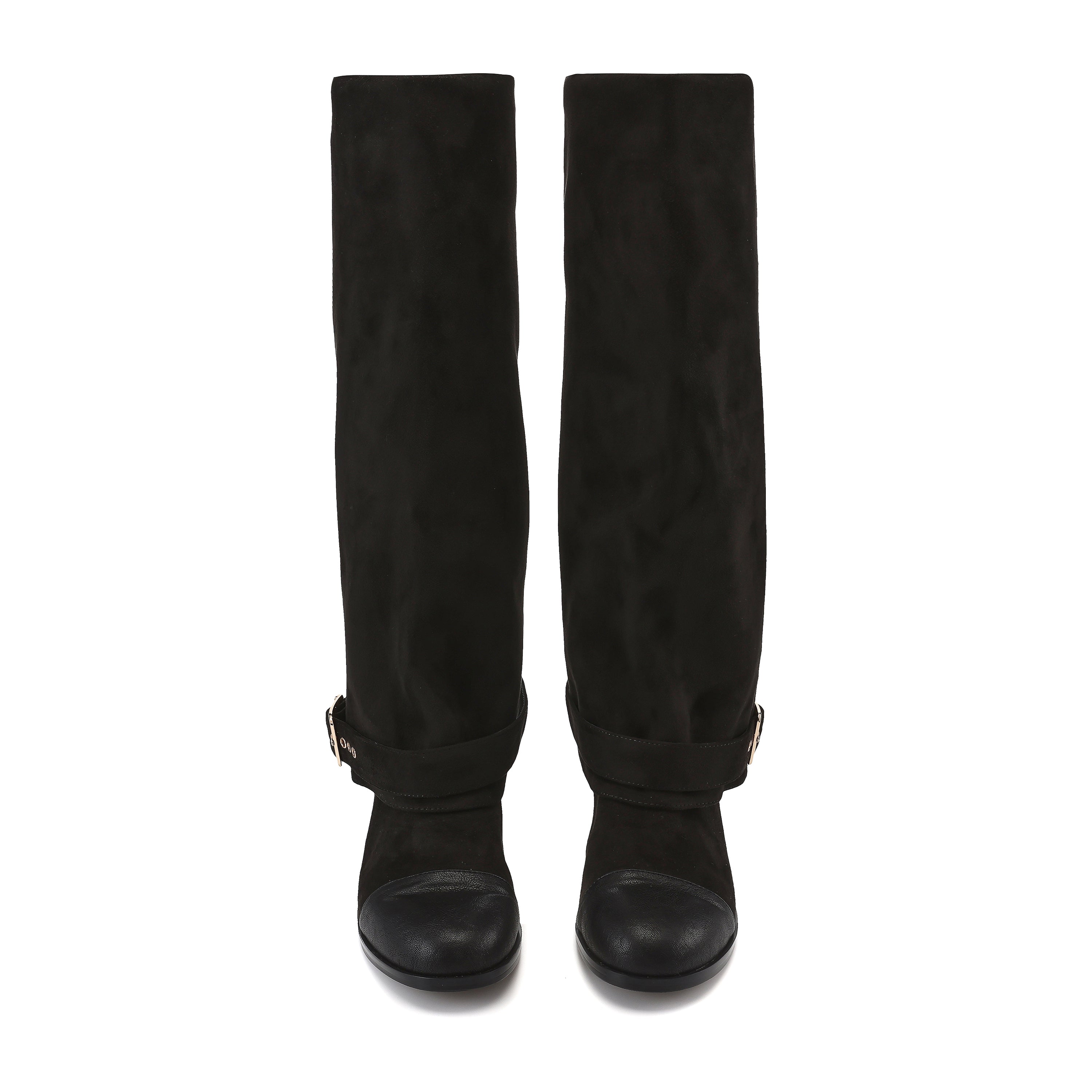 Black Metal-Buckled Knee-High Boots