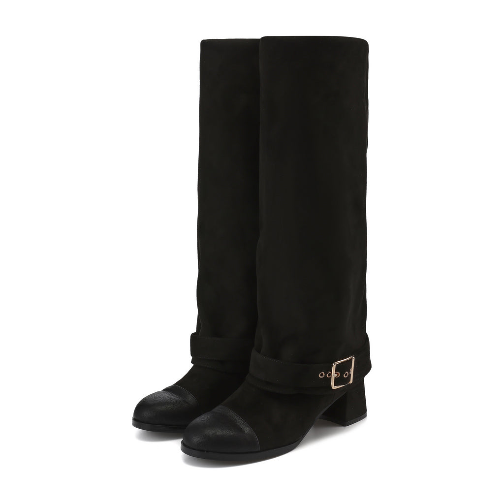 Black Metal-Buckled Knee-High Boots