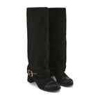 Black Metal-Buckled Knee-High Boots