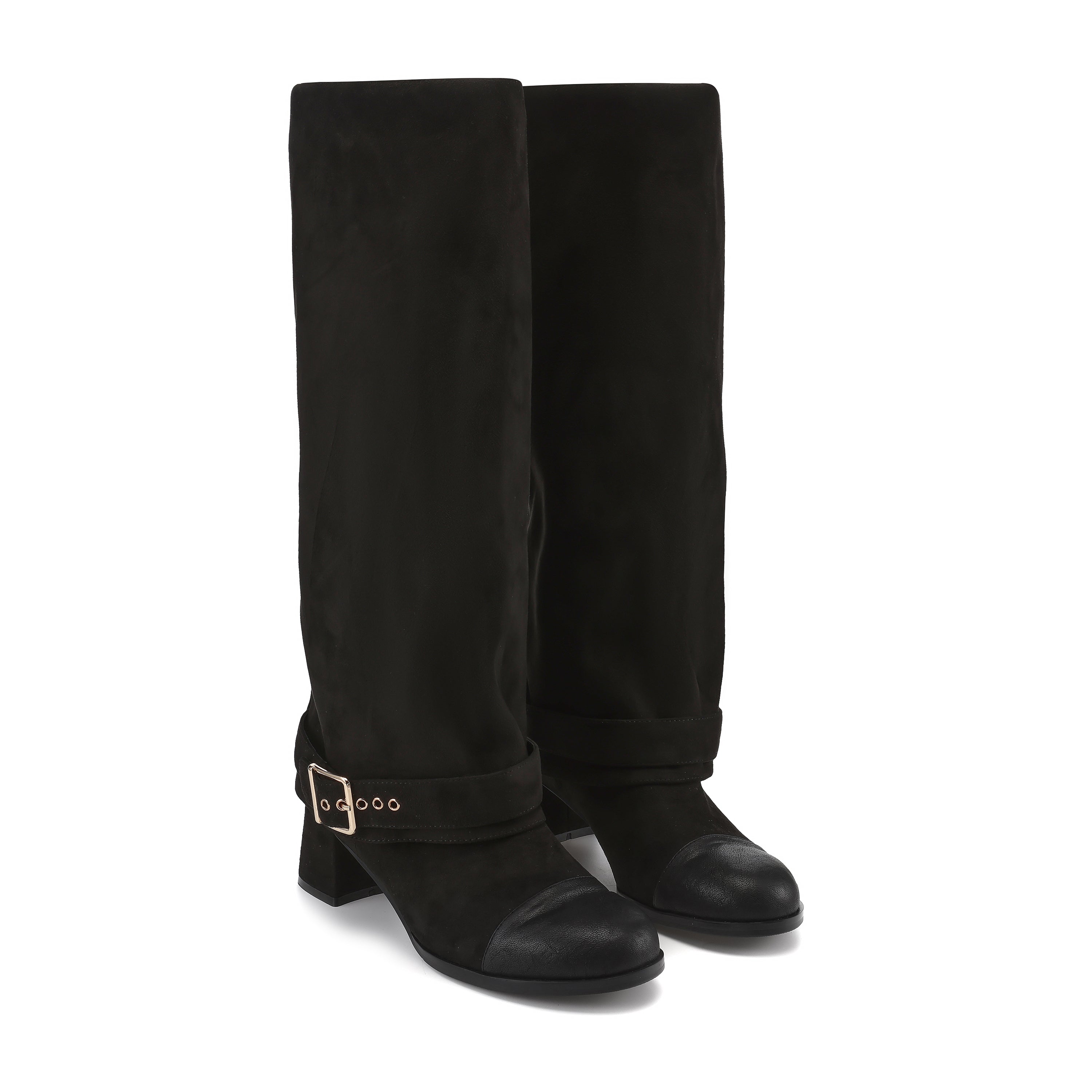 Black Metal-Buckled Knee-High Boots