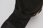 Black Metal-Buckled Knee-High Boots