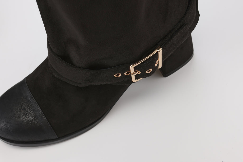 Black Metal-Buckled Knee-High Boots