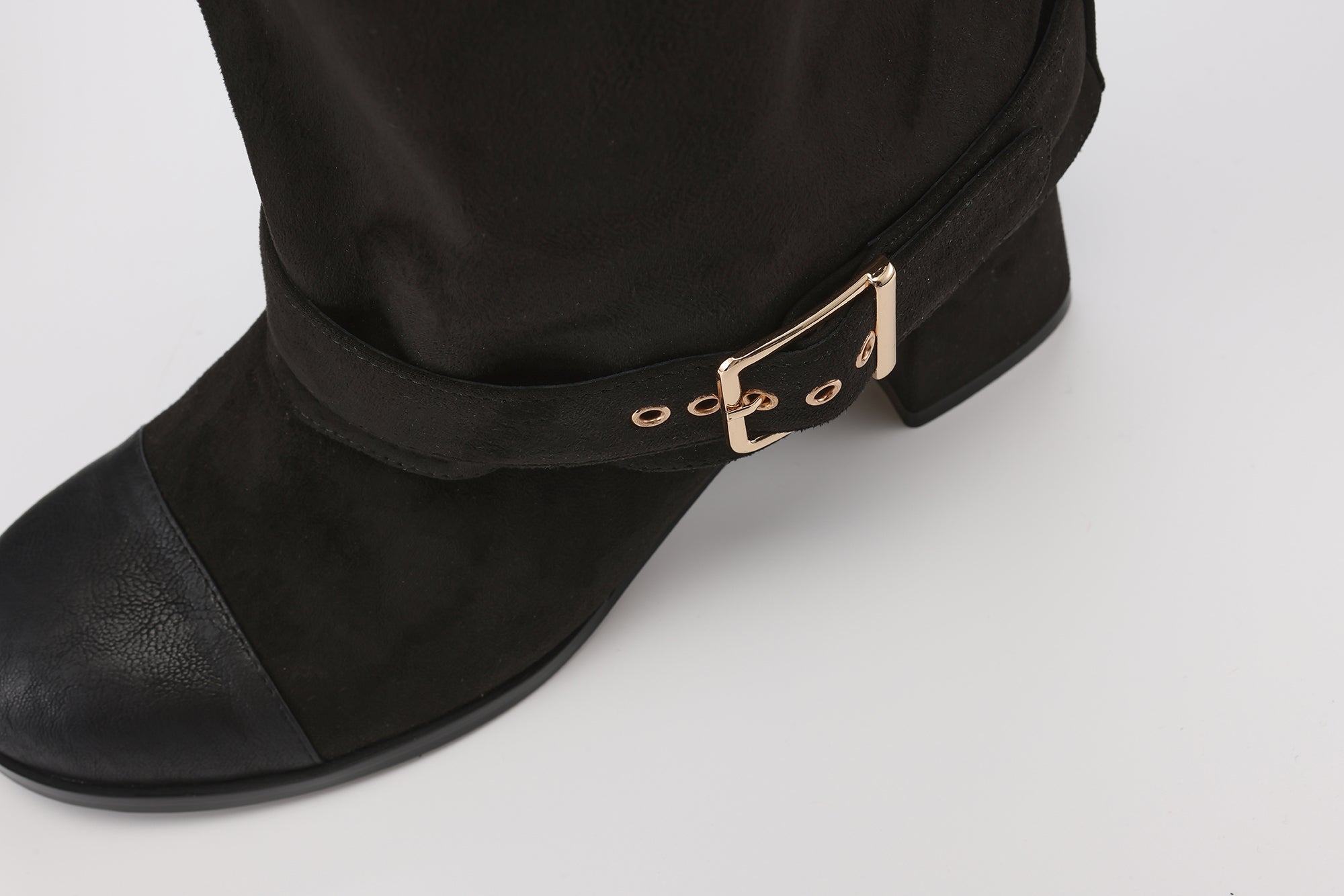 Black Metal-Buckled Knee-High Boots