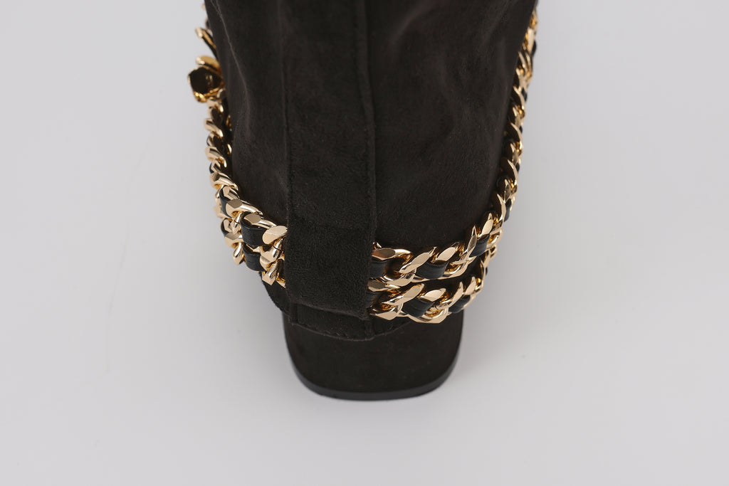 Black Metal-Buckled Knee-High Boots