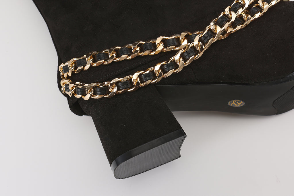 Black Metal-Buckled Knee-High Boots