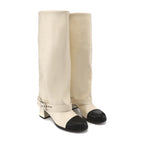 White Metal-Buckled Knee-High Boots