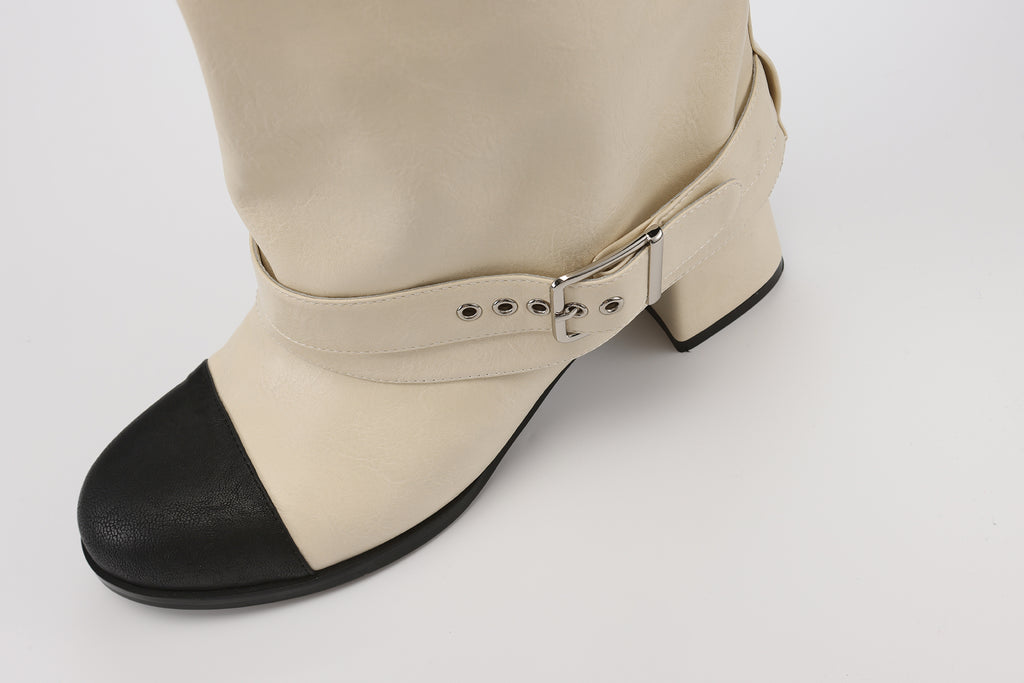 White Metal-Buckled Knee-High Boots