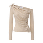 Light Camel One-Shoulder Iris Floral Knit Top