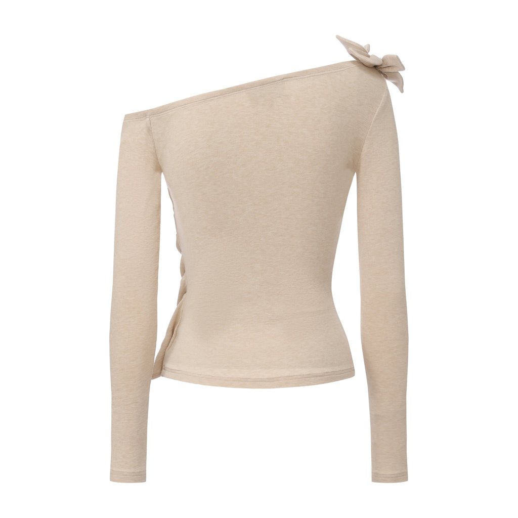 Light Camel One-Shoulder Iris Floral Knit Top