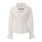 Beige V-Neck Blouse with Belt Buckle & Ruffle Trim