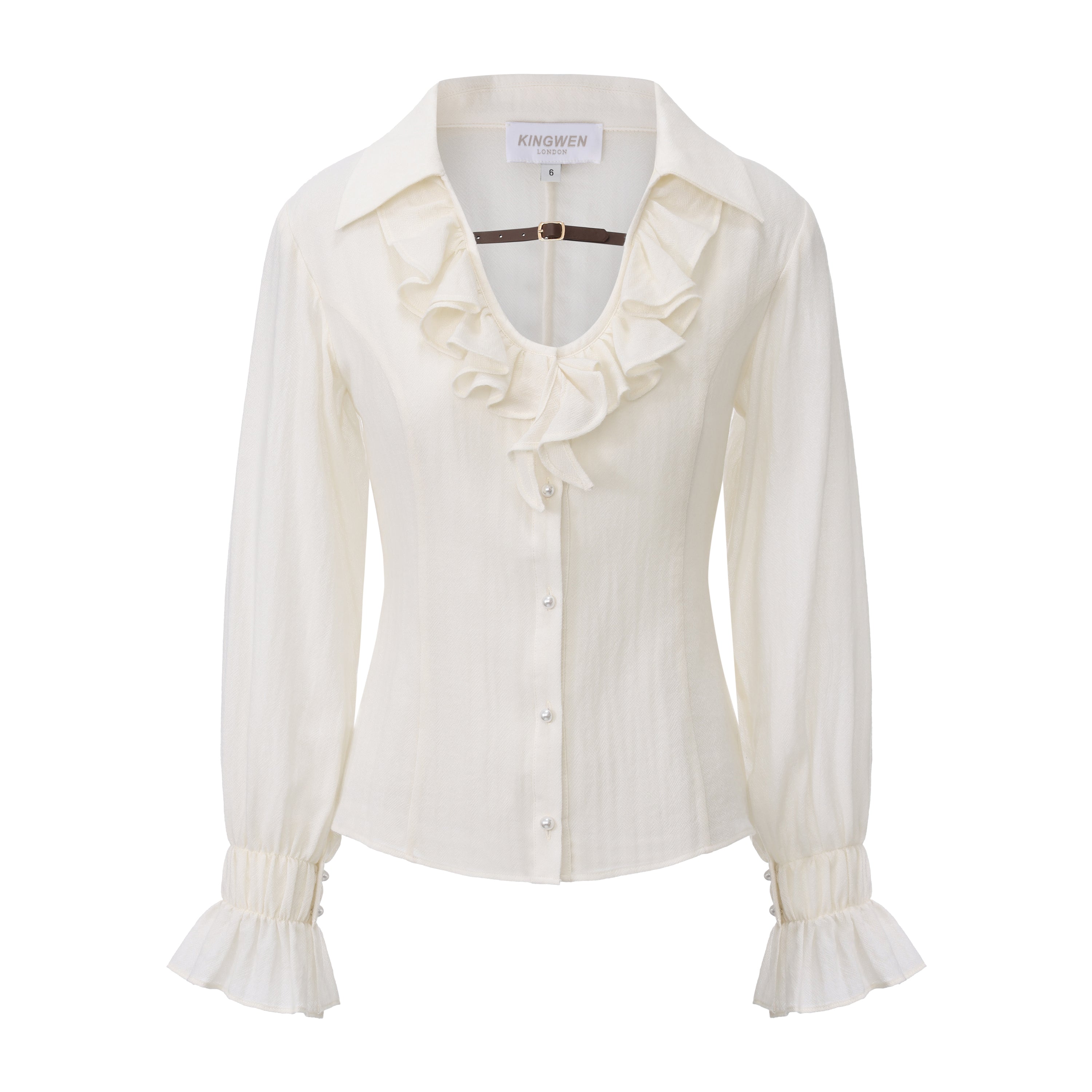 Beige V-Neck Blouse with Belt Buckle & Ruffle Trim