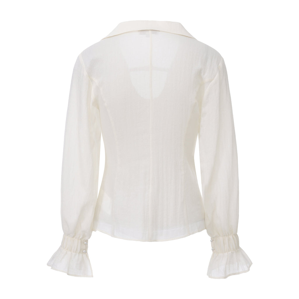 Beige V-Neck Blouse with Belt Buckle & Ruffle Trim