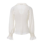 Beige V-Neck Blouse with Belt Buckle & Ruffle Trim