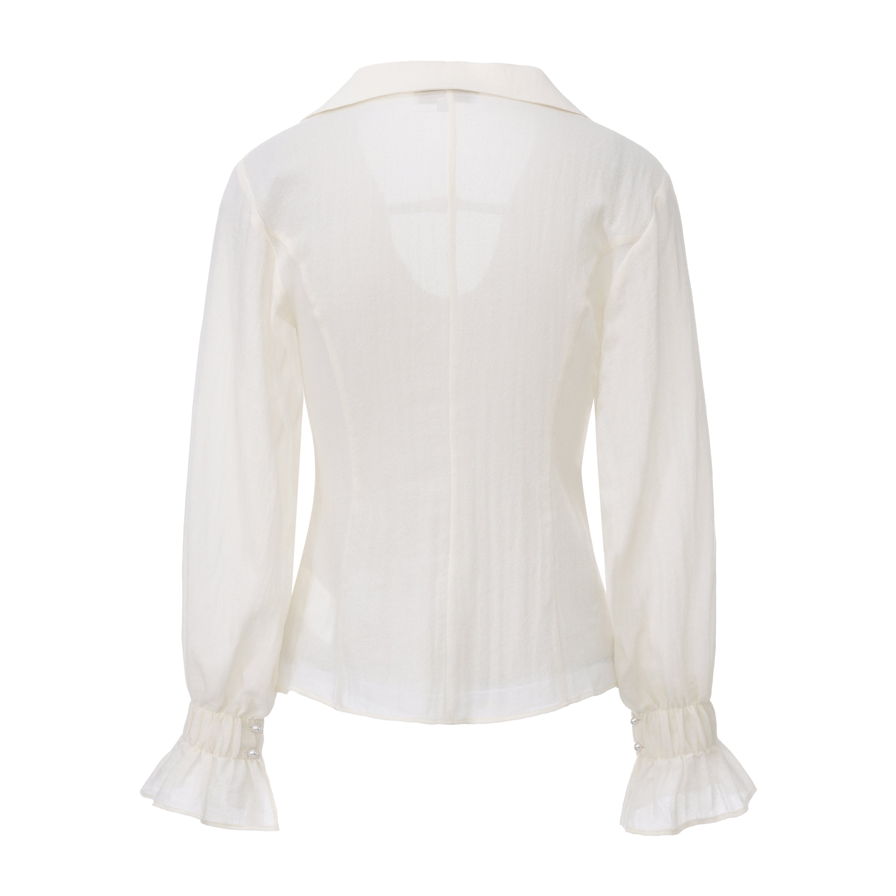 Beige V-Neck Blouse with Belt Buckle & Ruffle Trim