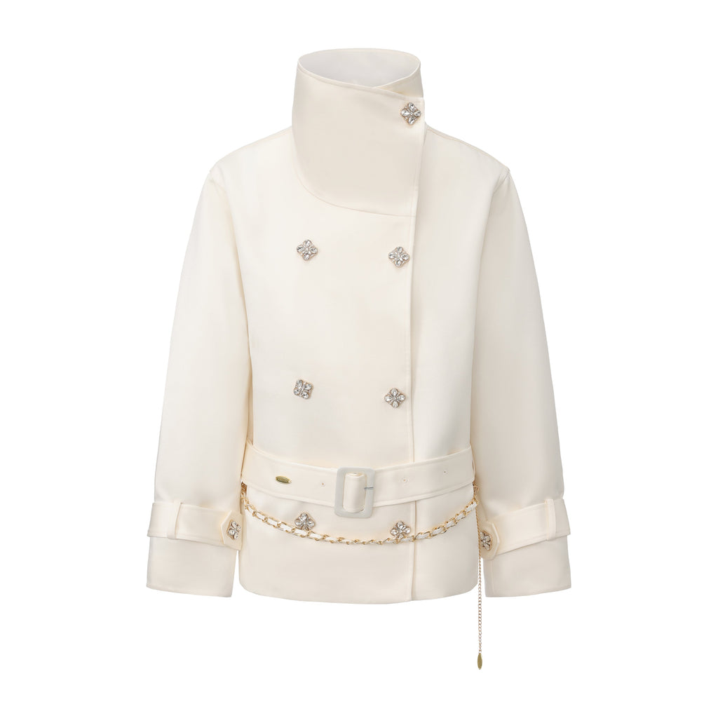 White Stand Collar Double-Breasted Chain Trench Coat