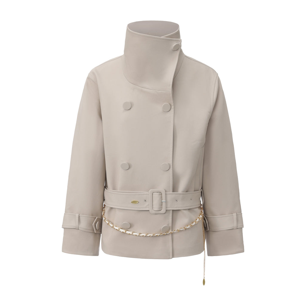 Light Grey Stand Collar Double-Breasted Chain Trench Coat