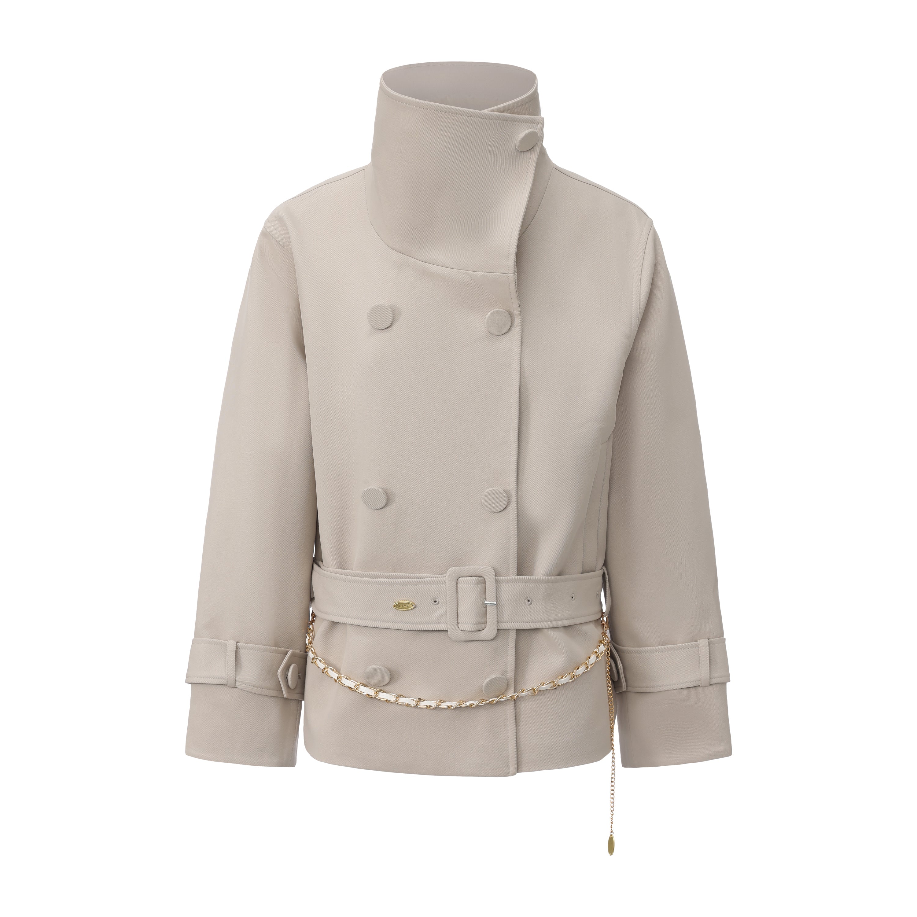 Light Grey Stand Collar Double-Breasted Chain Trench Coat