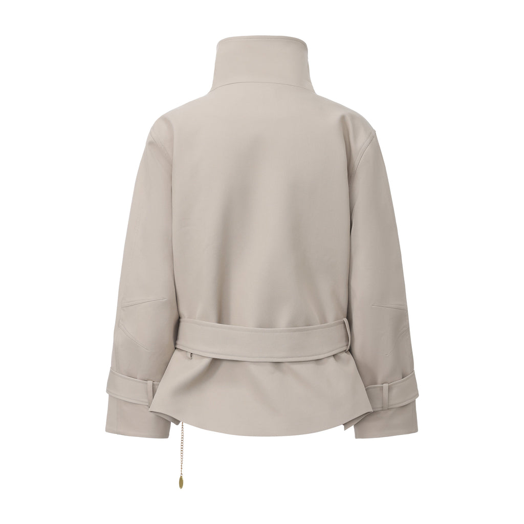 Light Grey Stand Collar Double-Breasted Chain Trench Coat