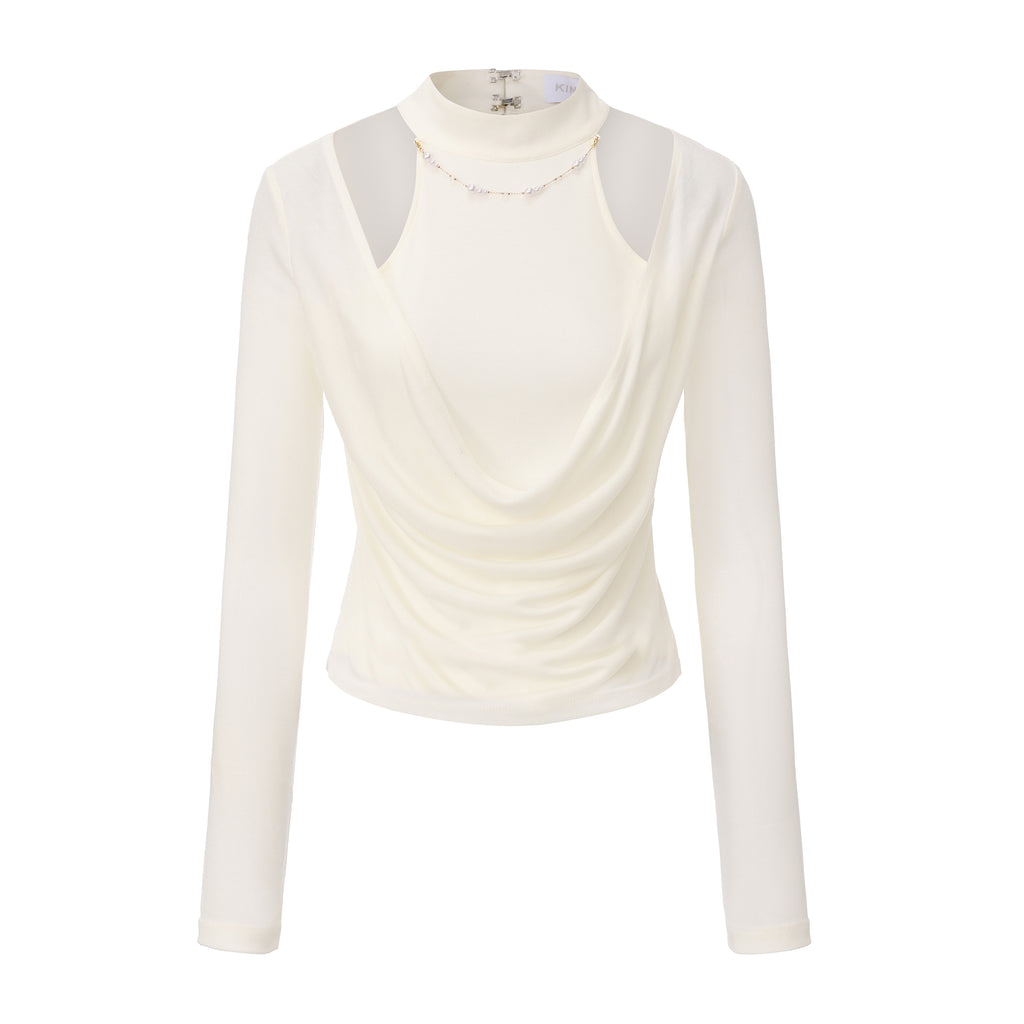 White Beaded Mock-Neck False Two-Piece Top