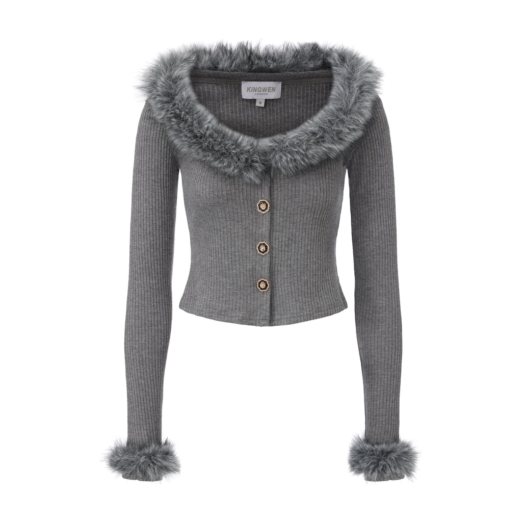 Grey Spliced Furry Collar Gold Button Cardigan