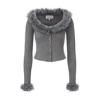 Grey Spliced Furry Collar Gold Button Cardigan