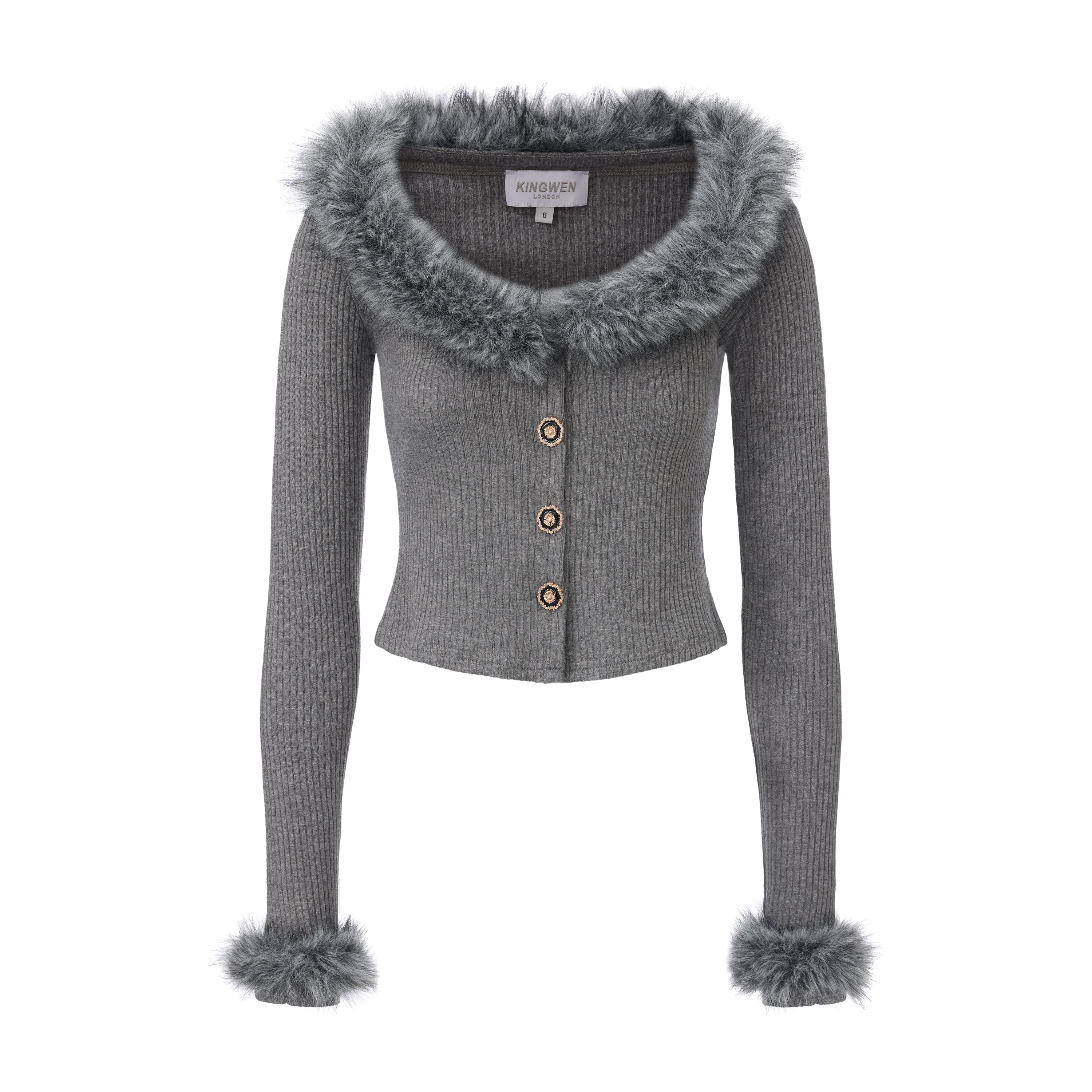 Grey Spliced Furry Collar Gold Button Cardigan