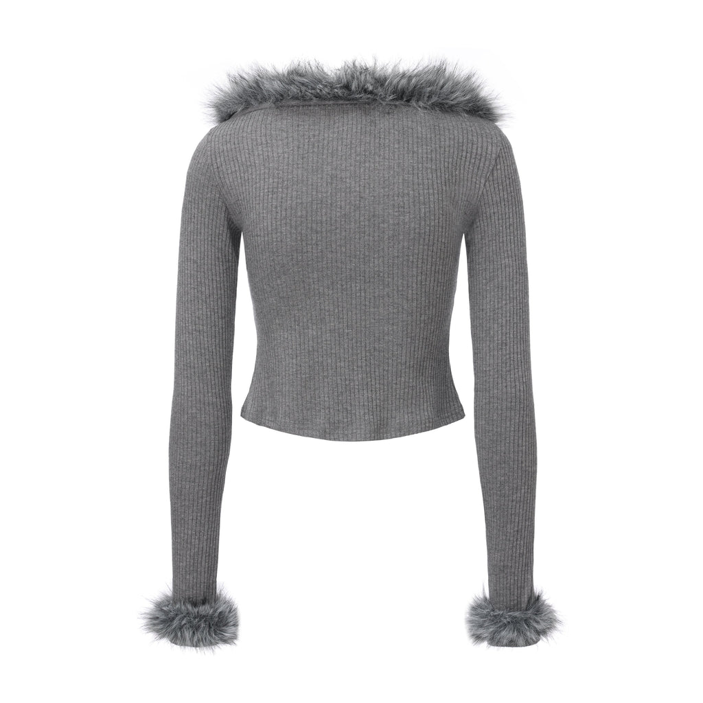 Grey Spliced Furry Collar Gold Button Cardigan
