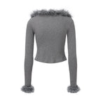 Grey Spliced Furry Collar Gold Button Cardigan