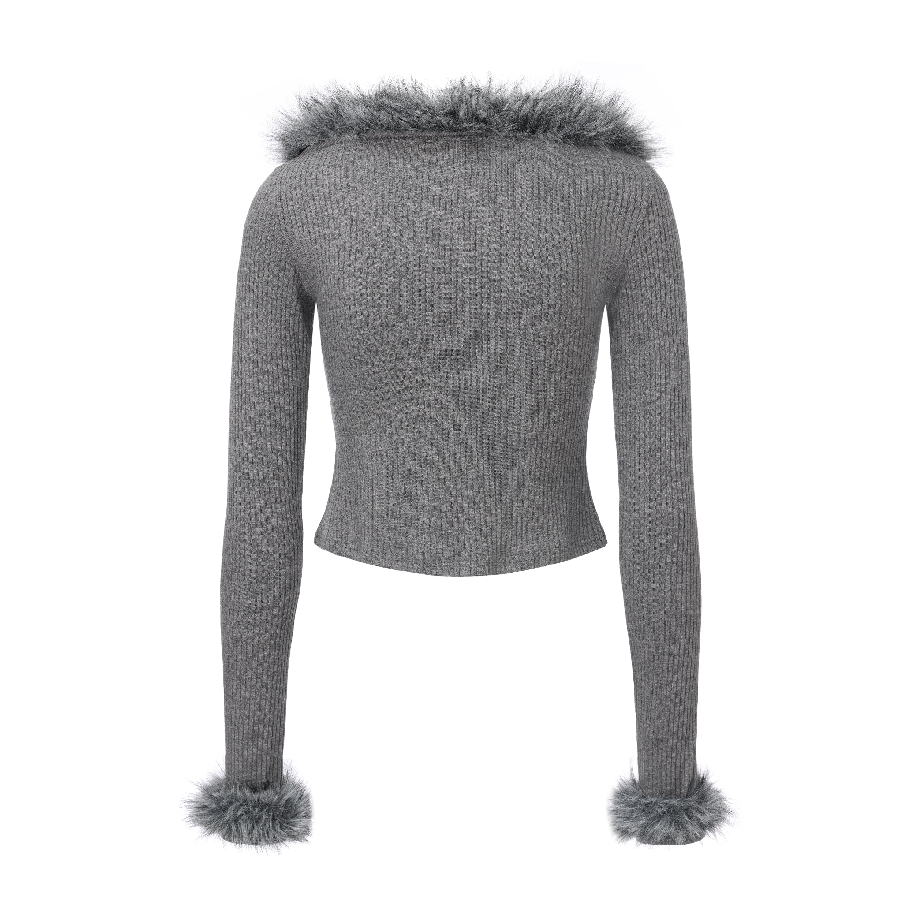 Grey Spliced Furry Collar Gold Button Cardigan