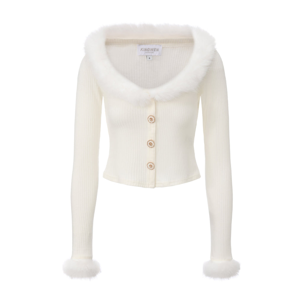 White Spliced Furry Collar Gold Button Cardigan