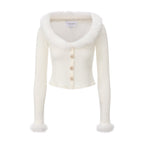 White Spliced Furry Collar Gold Button Cardigan