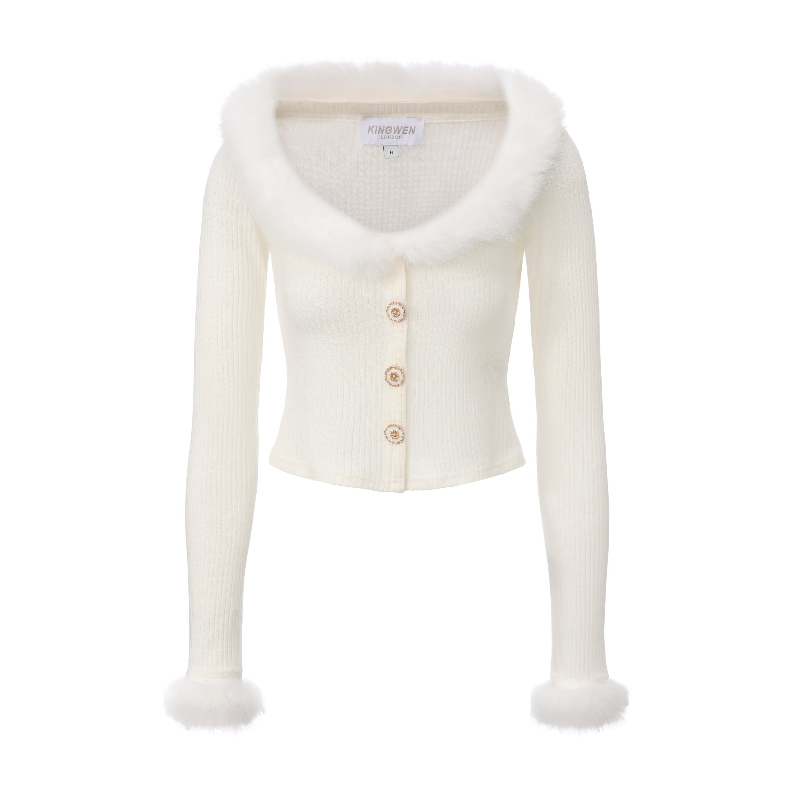 White Spliced Furry Collar Gold Button Cardigan