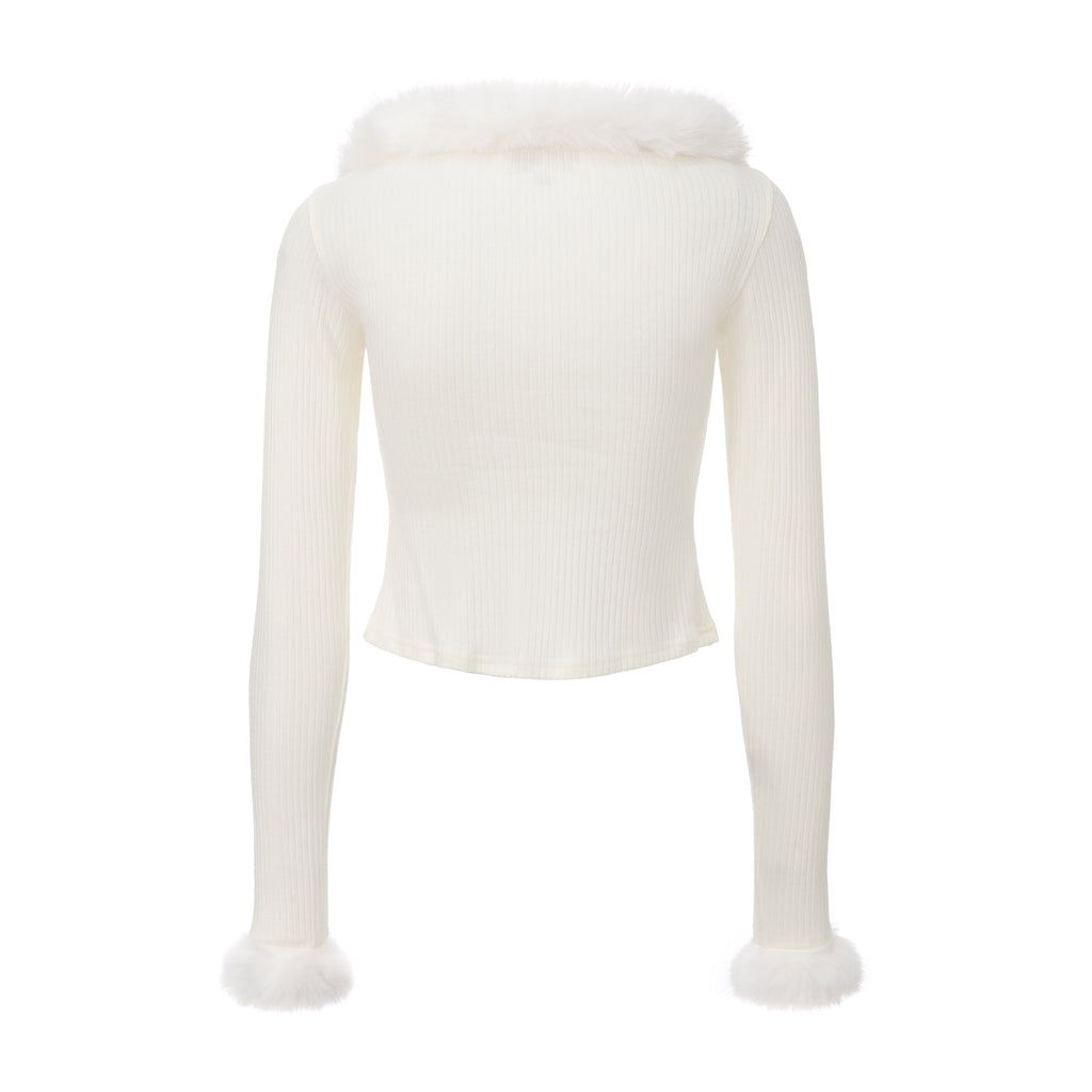 White Spliced Furry Collar Gold Button Cardigan