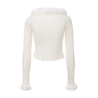 White Spliced Furry Collar Gold Button Cardigan