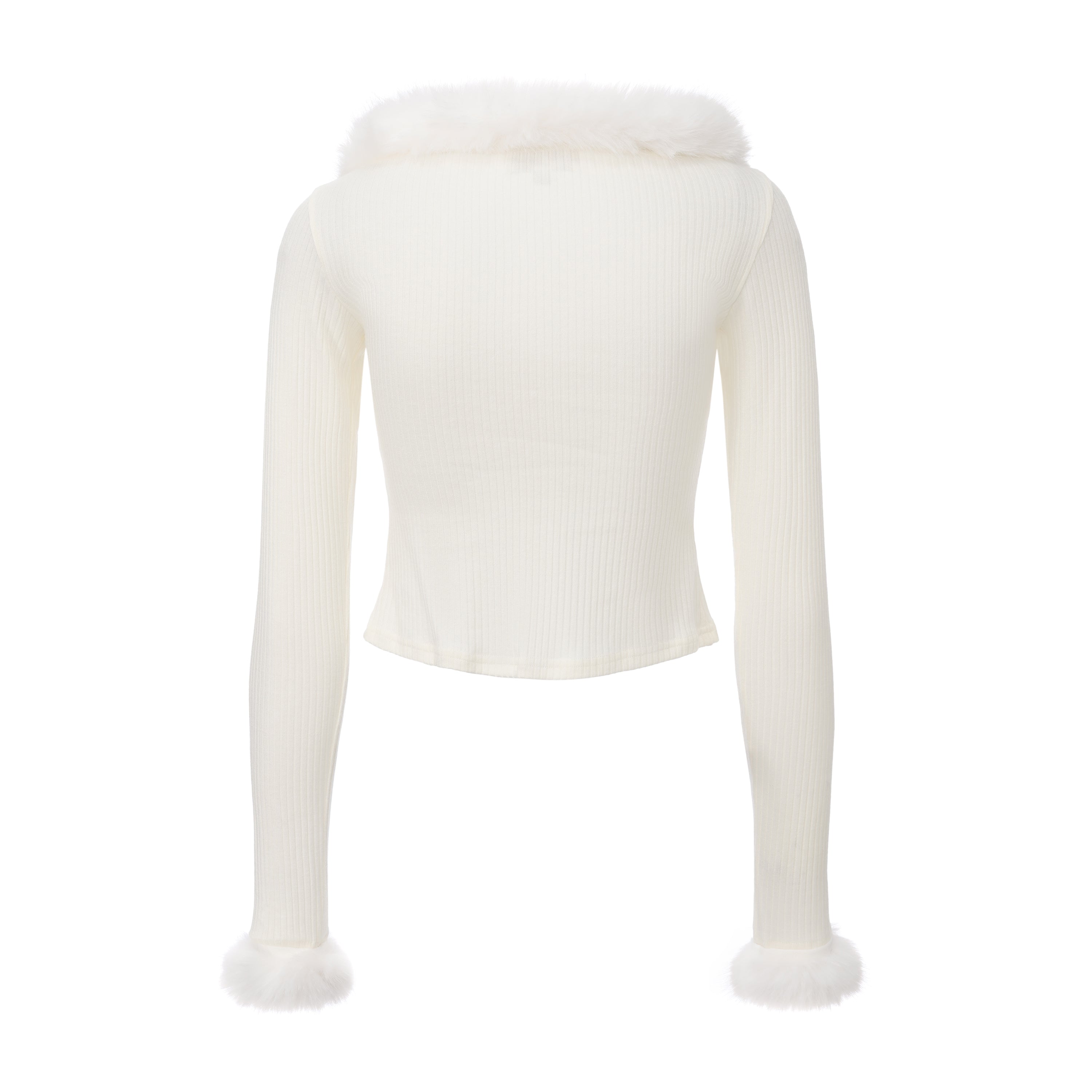 White Spliced Furry Collar Gold Button Cardigan