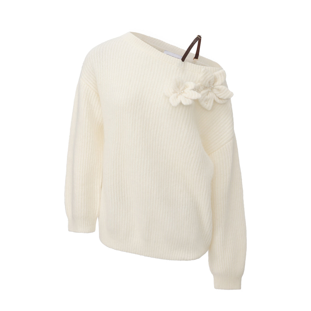 White Off-Shoulder Leather Buckle Iris Pattern Sweater