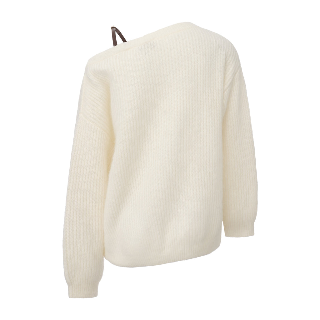 White Off-Shoulder Leather Buckle Iris Pattern Sweater