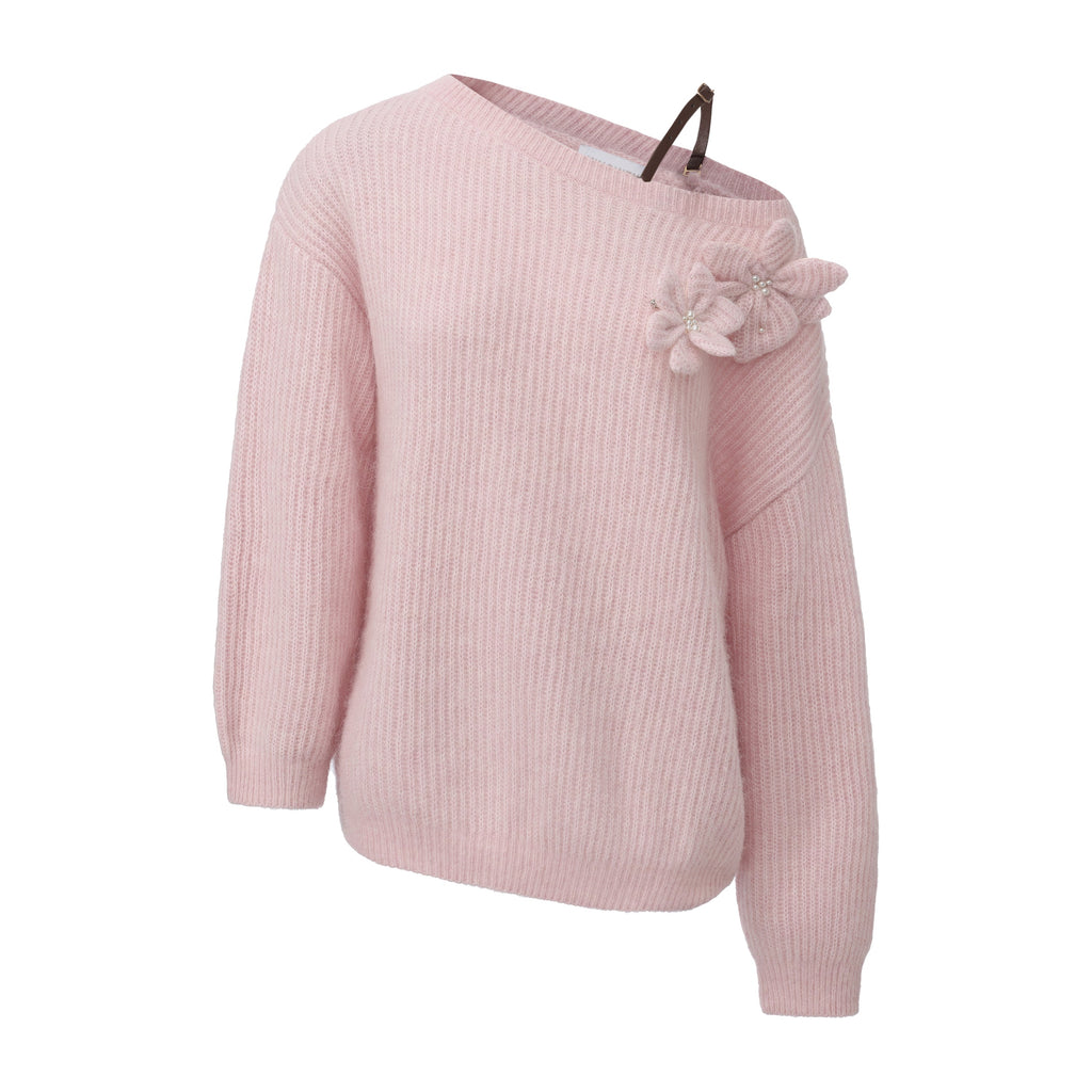 Pink Off-Shoulder Leather Buckle Iris Pattern Sweater