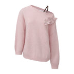 Pink Off-Shoulder Leather Buckle Iris Pattern Sweater