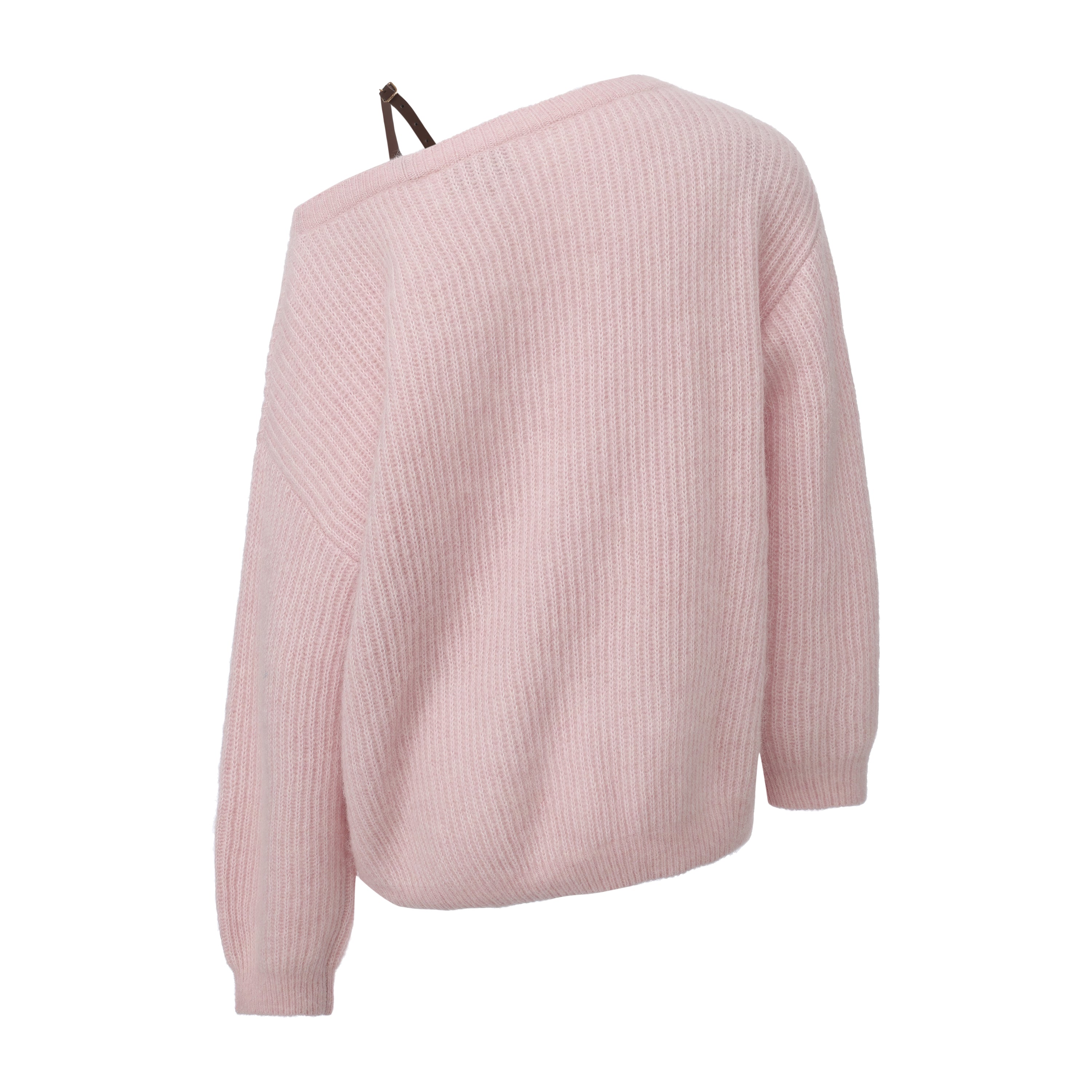Pink Off-Shoulder Leather Buckle Iris Pattern Sweater
