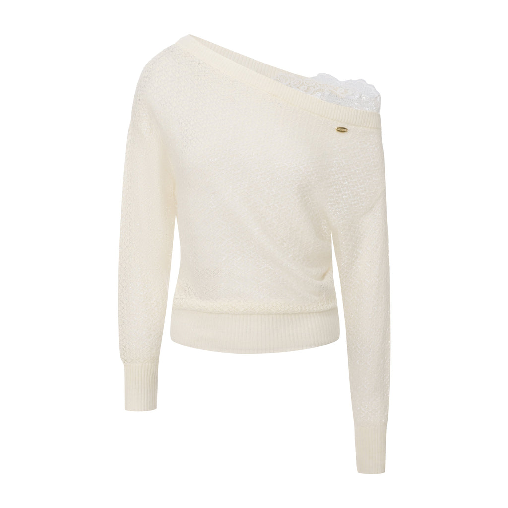 White Lace Panel Shell Knit Cardigan