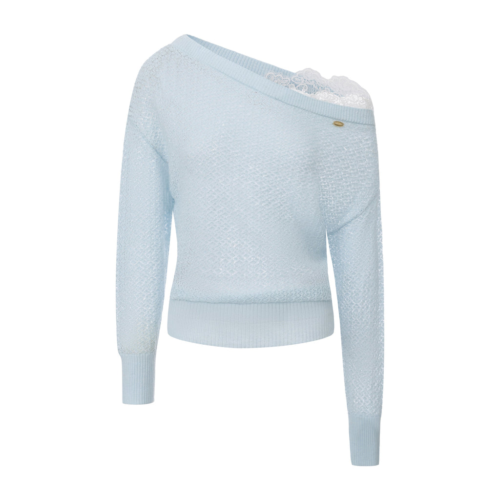 Blue Lace Panel Shell Knit Cardigan