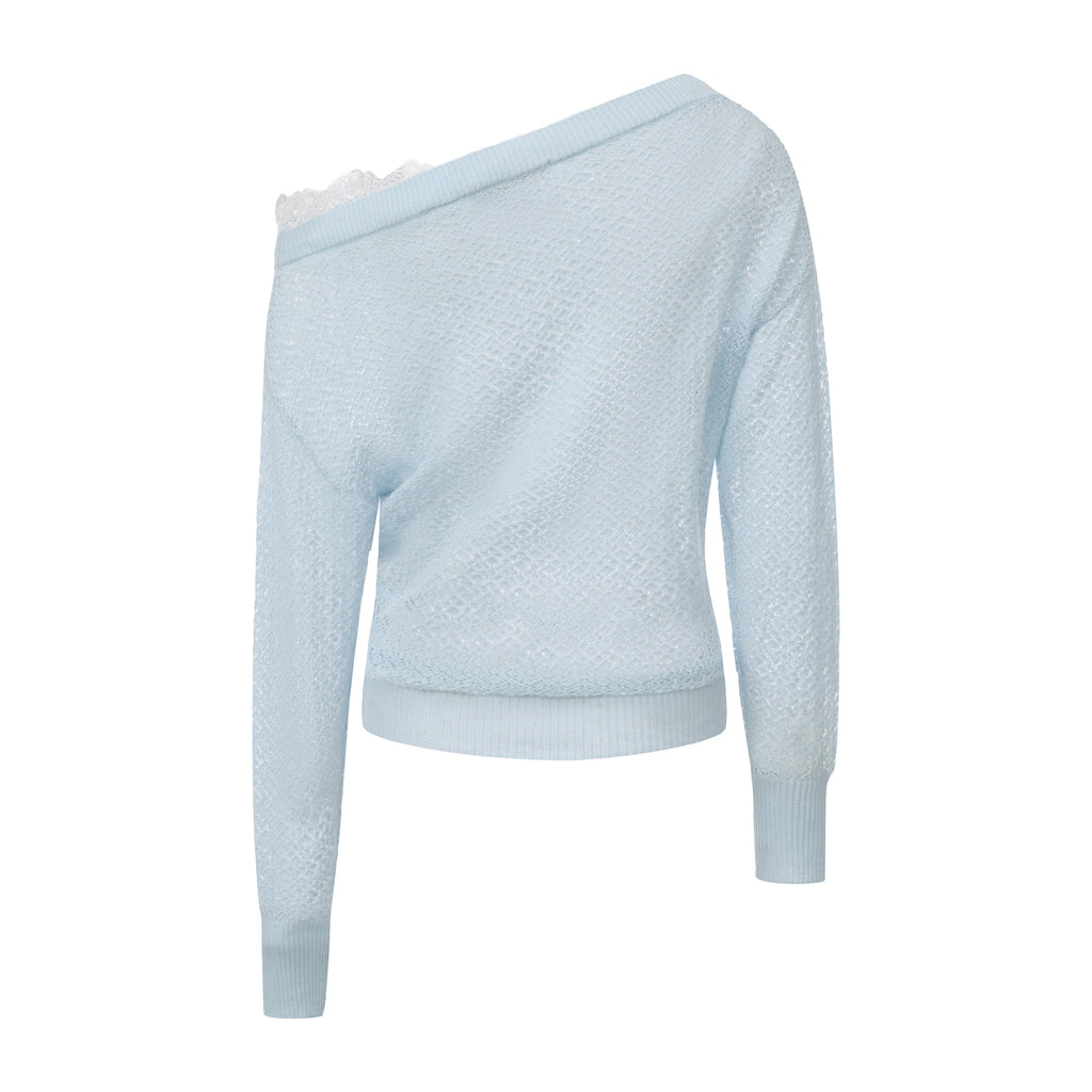 Blue Lace Panel Shell Knit Cardigan
